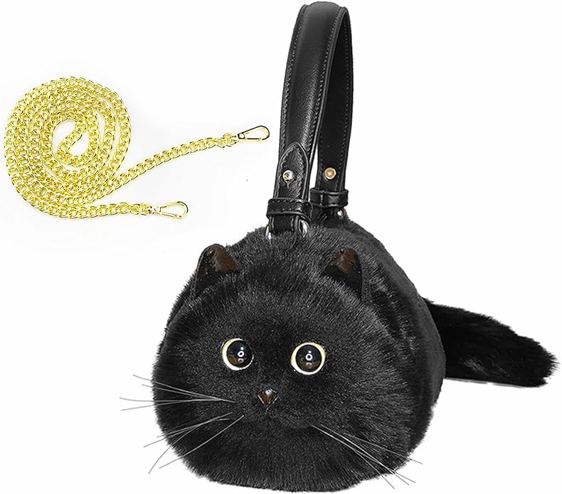 JCX Realistic Puffy Plush Cat Shaped Crossbody Handbag