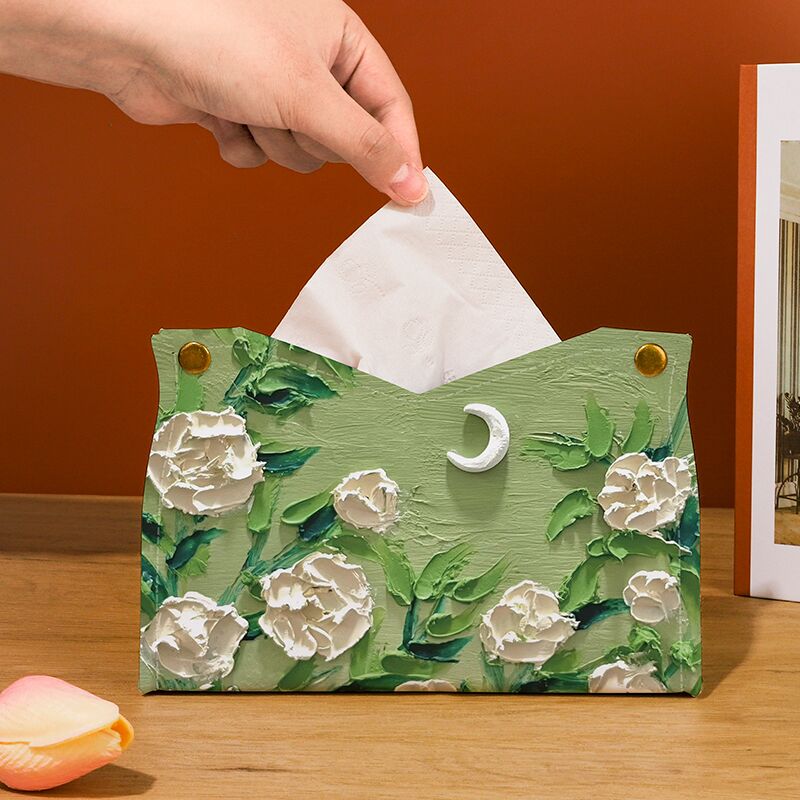 White rose under the moon art oil painting style tissue box