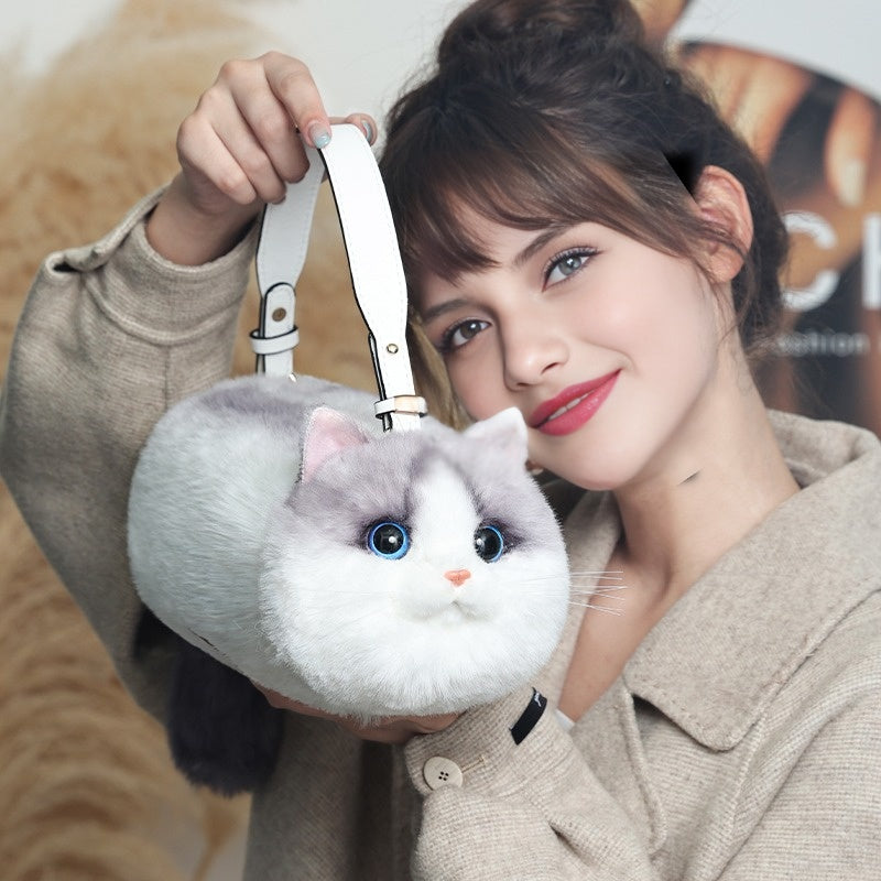 JCX Realistic Puffy Plush Cat Shaped Crossbody Handbag